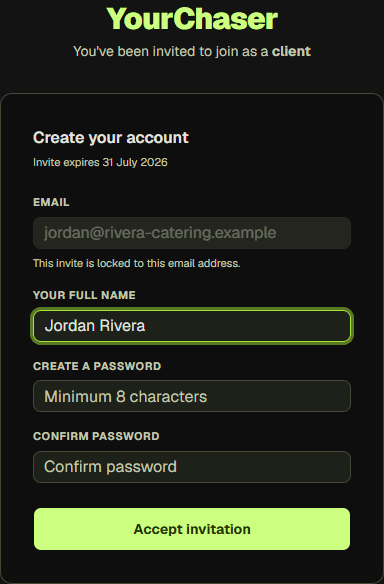 The invite form showing a pre-filled email address, a full name field, and password and confirm password fields.