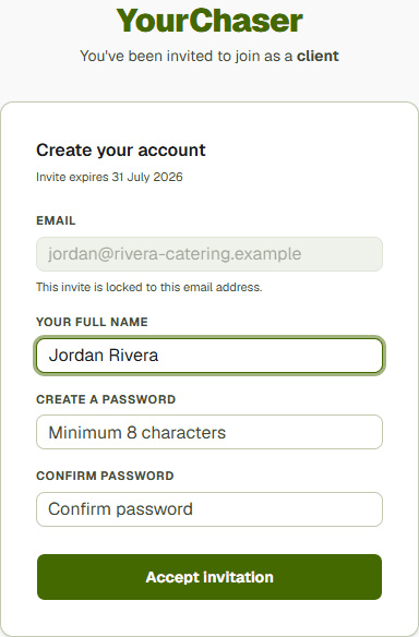 The invite form showing a pre-filled email address, a full name field, and password and confirm password fields.